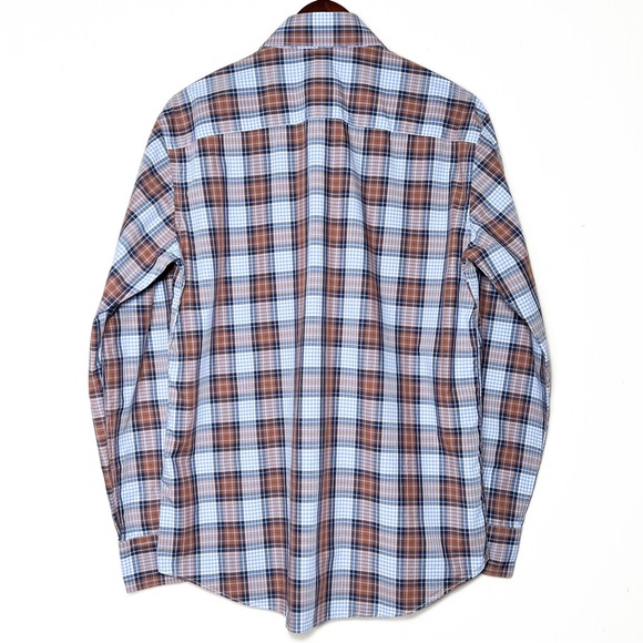 Bugatchi Mens Plaid Blue Brown Logo Embroidered Long Sleeve Buttondown Shirt - Picture 5 of 9